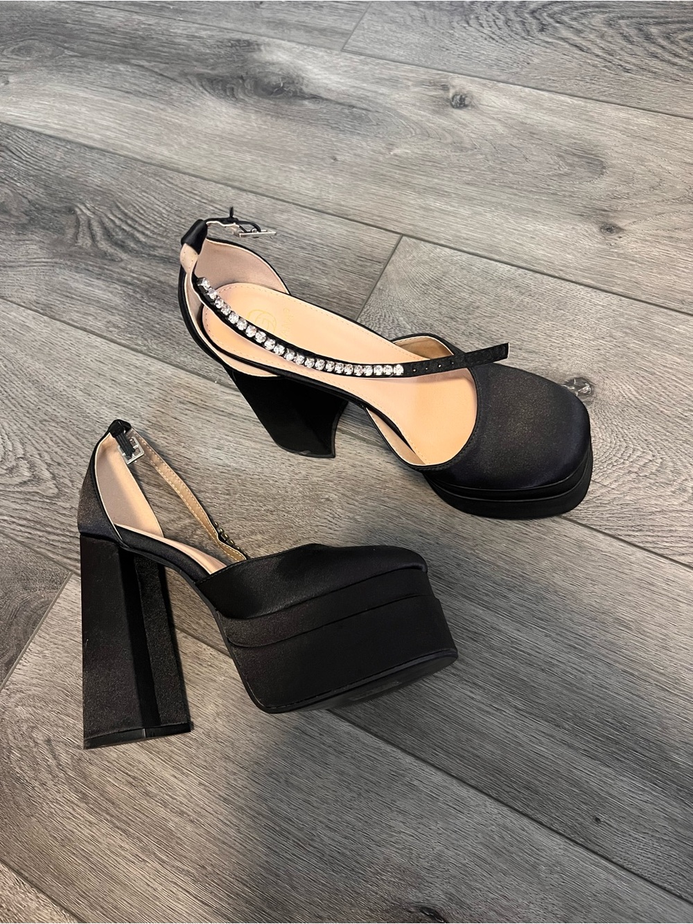 Women's Black Platform Block Heel Pumps with Rhinestone Strap
